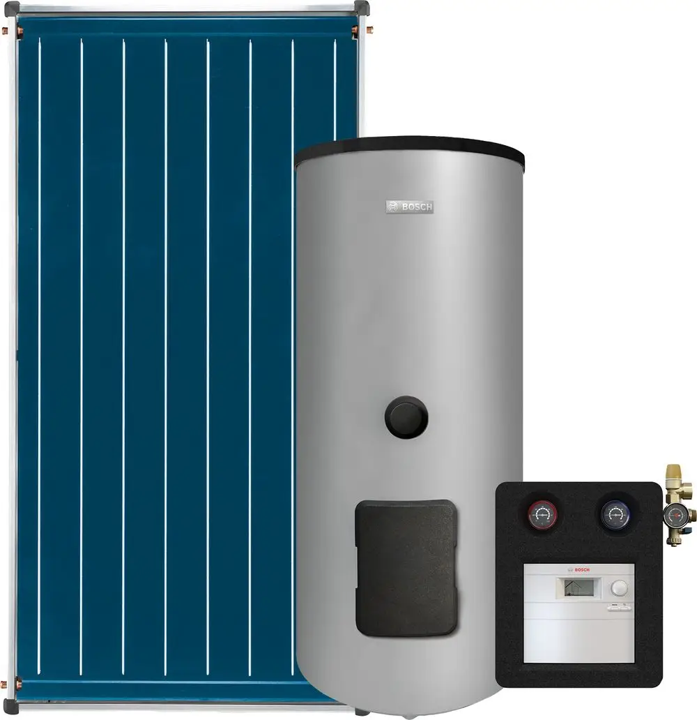 Solarthermie-Kollektor in blau mit vertikalen Streifen, daneben ein silberner Warmwasserspeicher von Bosch und ein Steuergerät mit Druckanzeigen in schwarzem Rahmen.